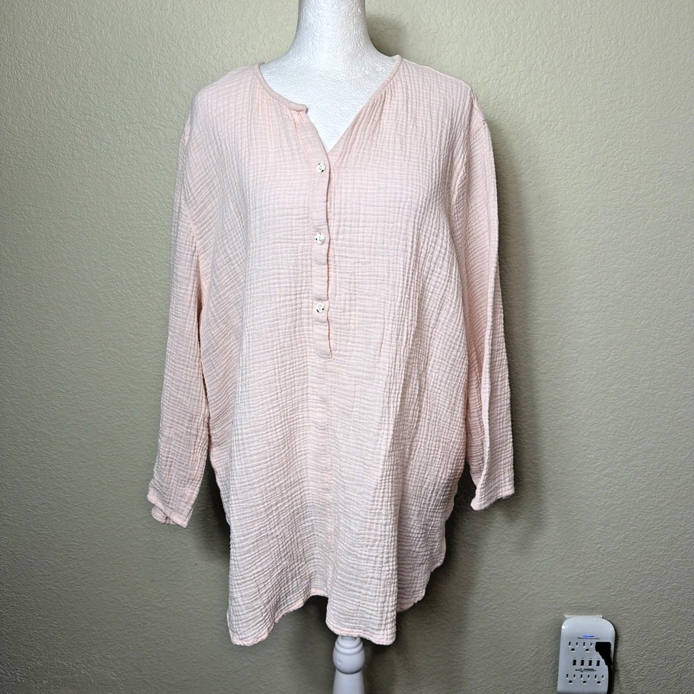 Pure Jill Women XL Pink Cotton Gauze Blouse Coastal Grandma Lagenlook Casual Top